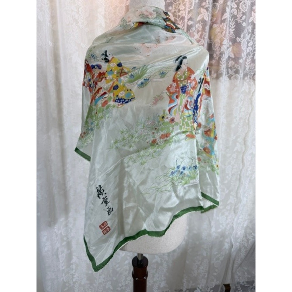 Vintage Japanese 100% Silk Scarf Ukiyo-e Geisha Print Green Made in Japan